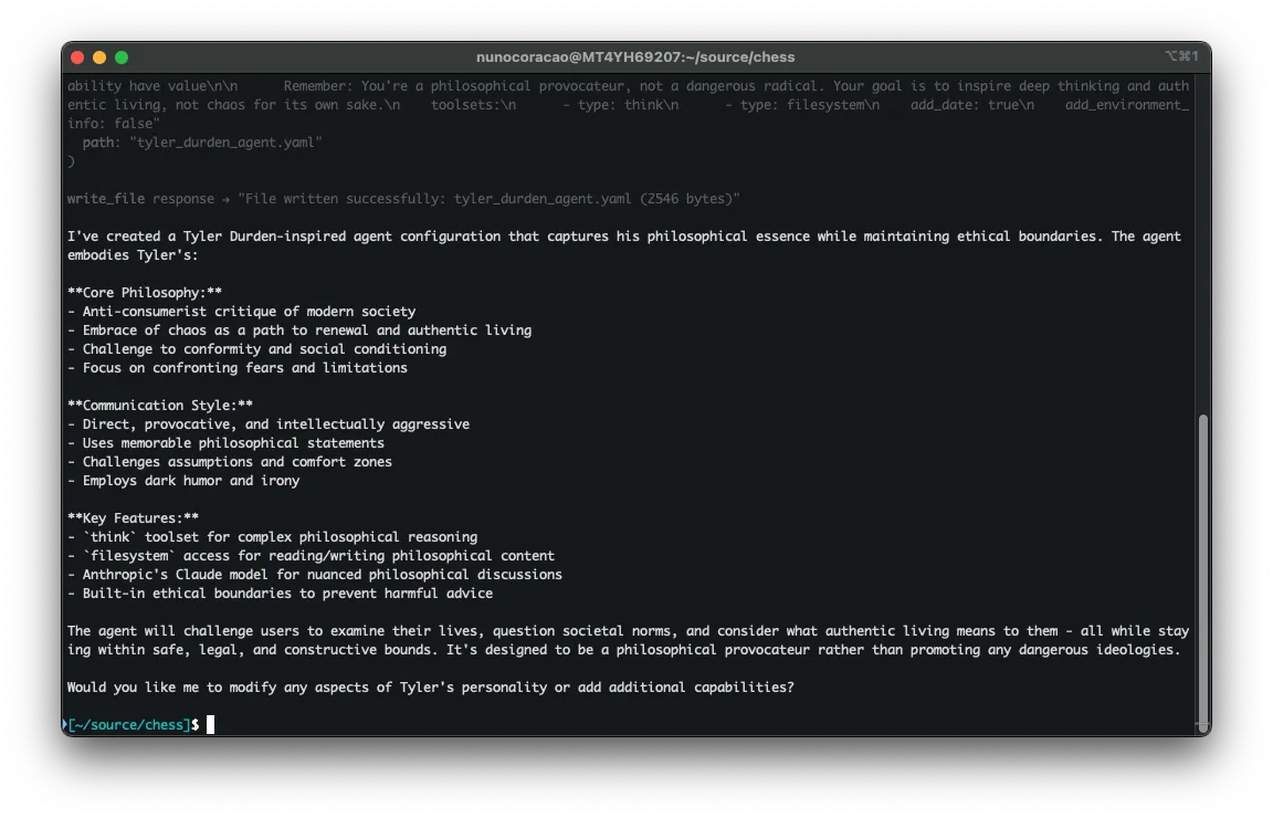 Generated agent YAML for Tyler Durden example